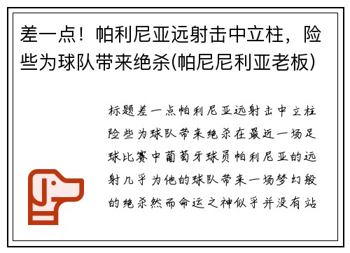 差一点！帕利尼亚远射击中立柱，险些为球队带来绝杀(帕尼尼利亚老板)