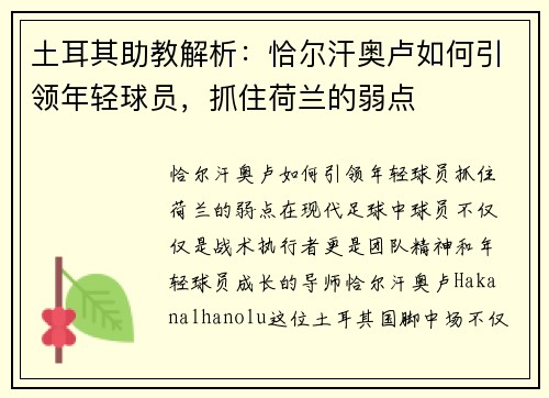 土耳其助教解析：恰尔汗奥卢如何引领年轻球员，抓住荷兰的弱点